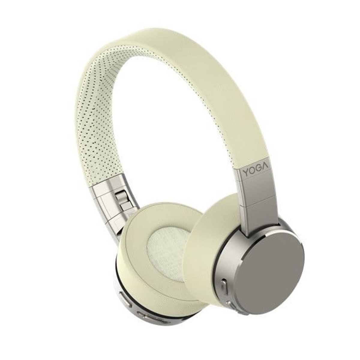 Off-white headphones with silver accents.