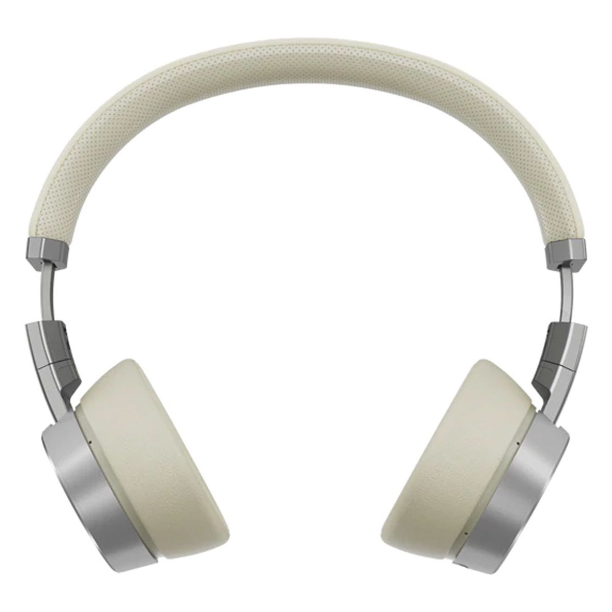 Cream-colored headphones with a silver band and earcups, set against a white background.