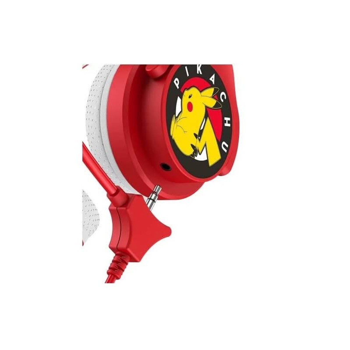 Czerwone i białe słuchawki Pikachu z czerwonym kablem i wtyczką. Logo Pikachu z boku.