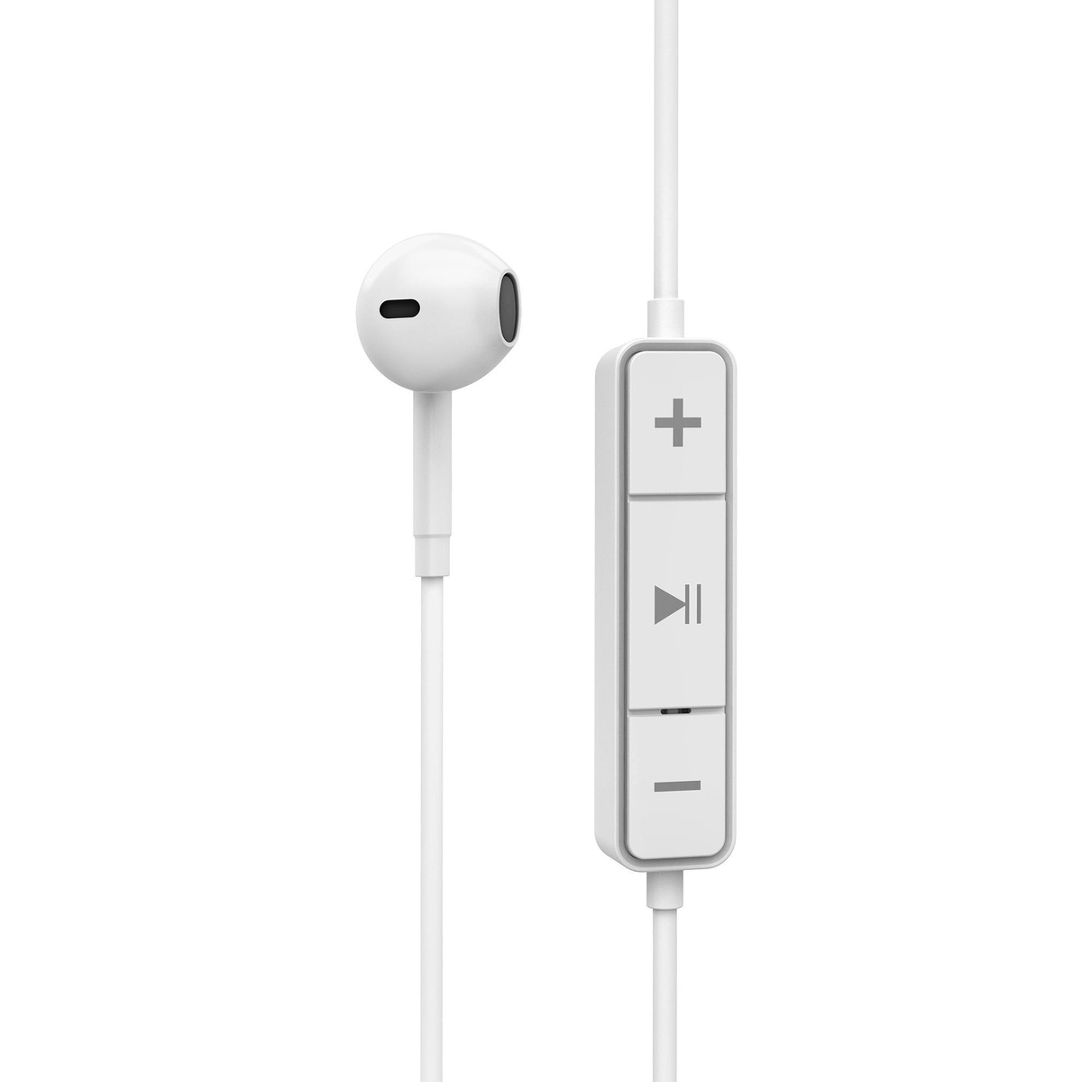 Auricolari bianchi con pannello di controllo e microfono sul cavo.