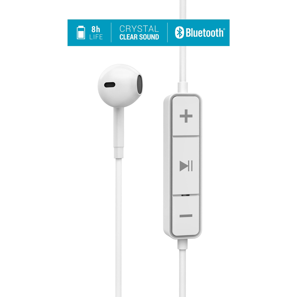 Auricolari bianchi con un pannello di controllo e un logo Bluetooth. Lo sfondo è bianco.