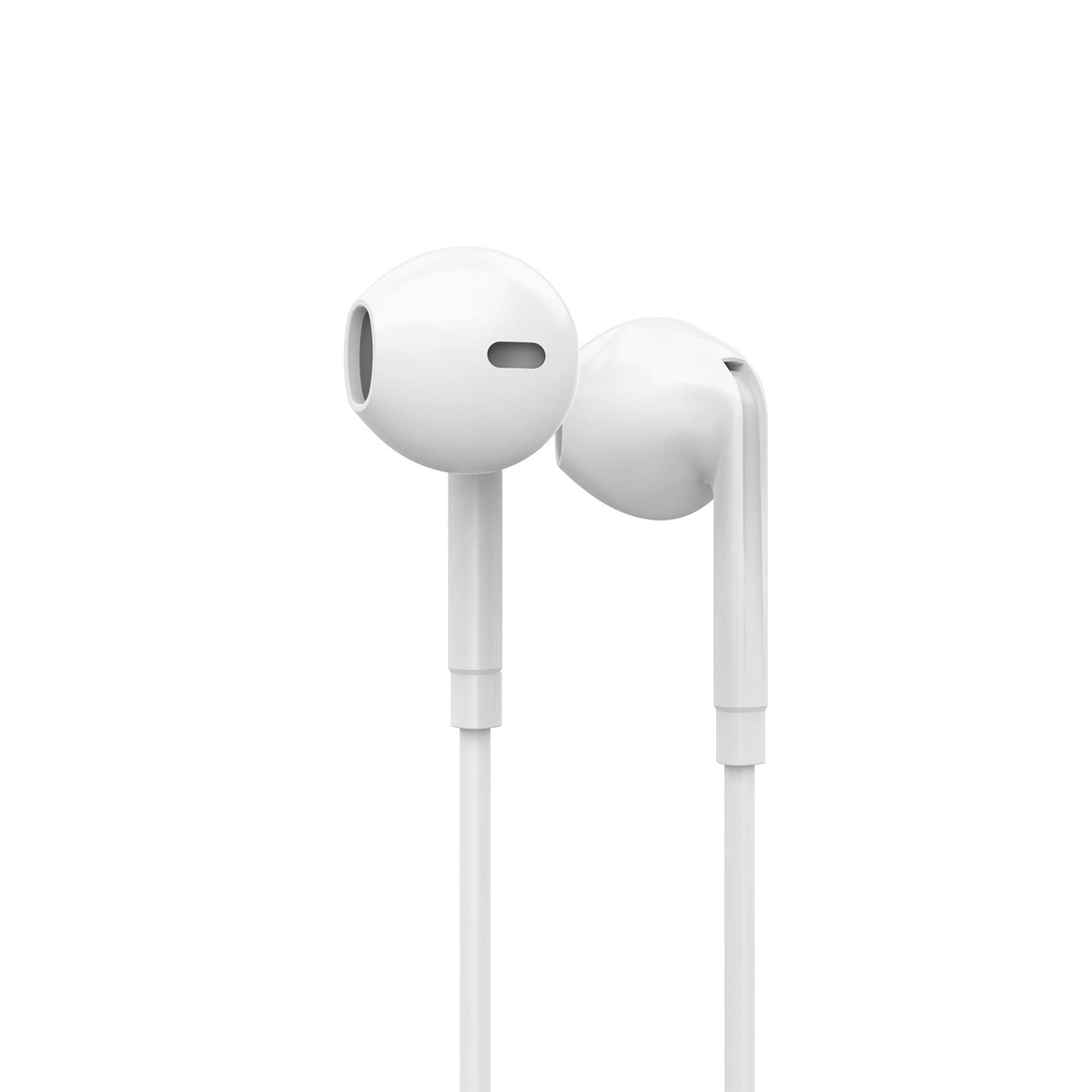 Auricolari bianchi dal design semplice. Gli auricolari sono collegati da un cavo bianco.