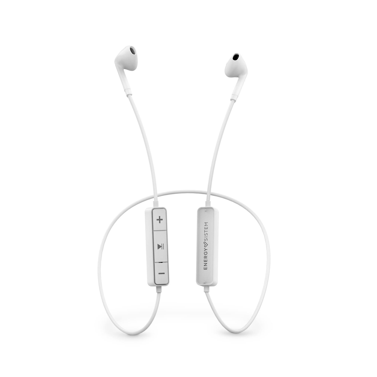 Auricolari bianchi con pulsanti di controllo. Il cavo collega gli auricolari. Presentati su sfondo bianco.