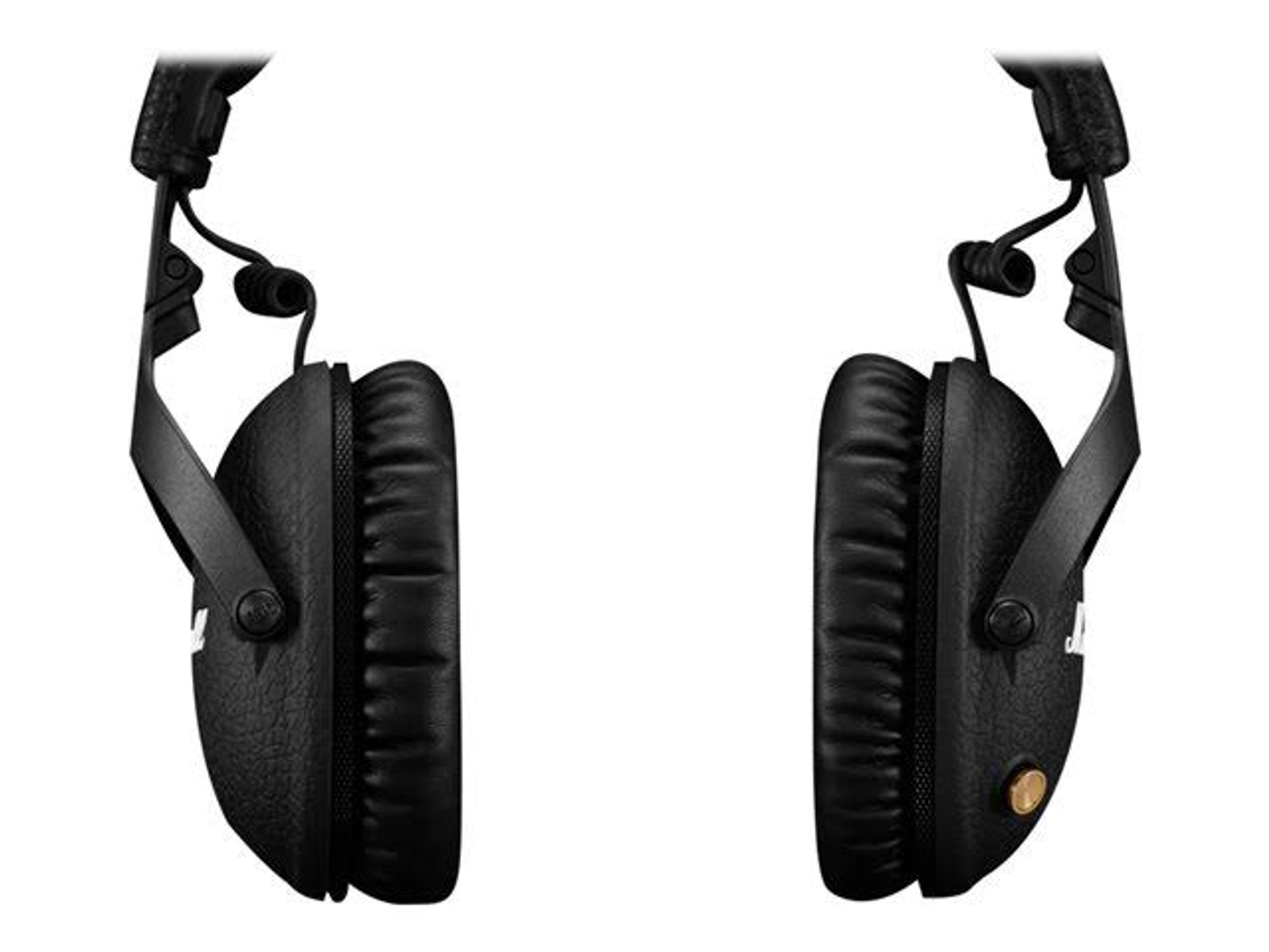 Dos auriculares negros Marshall vistos de lado.