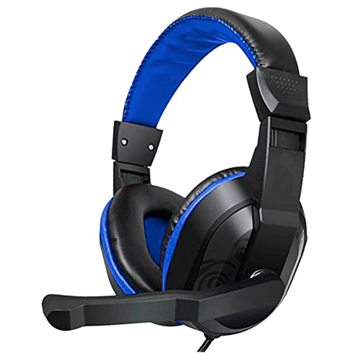 Auriculares para juegos negros y azules con micrófono. El fondo es blanco liso.