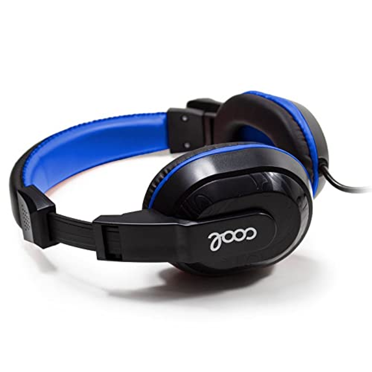 Auriculares negros y azules con un logotipo blanco. La marca 'cool' está impresa. Fondo blanco.