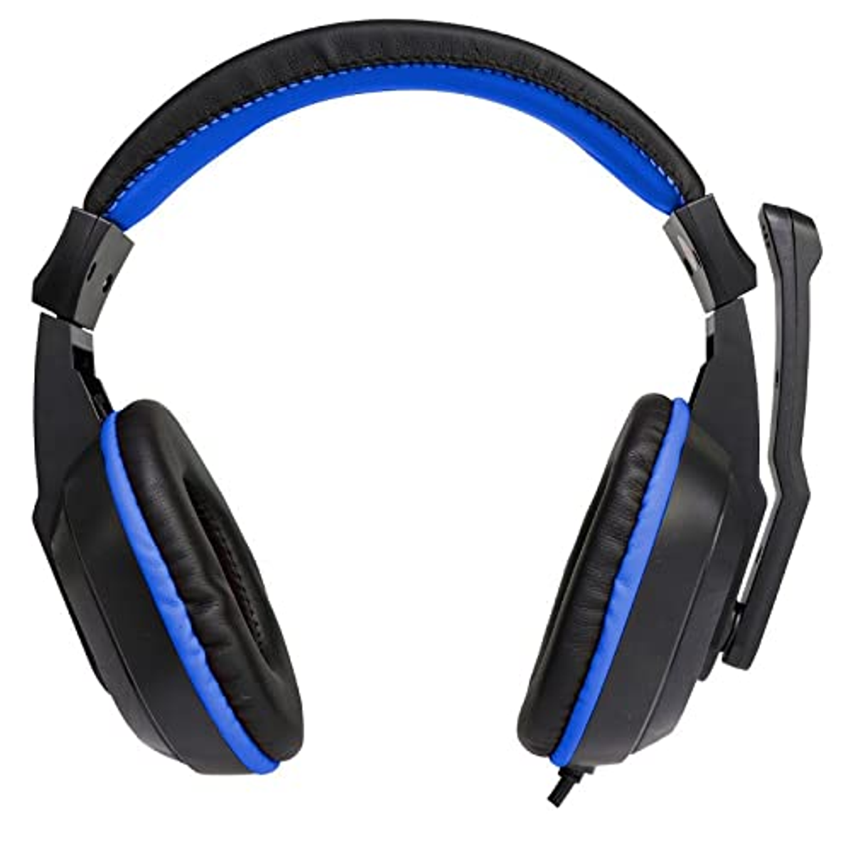 Auriculares gaming negros y azules con micrófono acoplado.