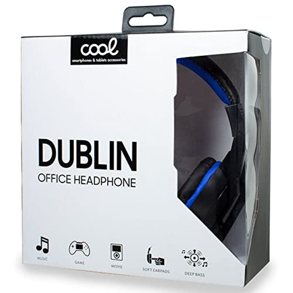 Caja de auriculares con un auricular dentro y un asa.