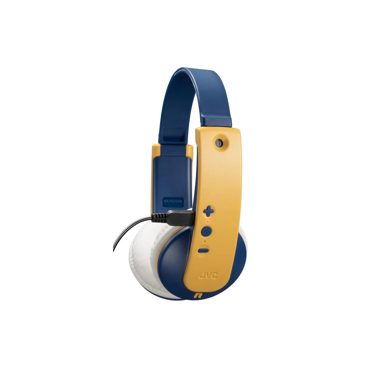Casque JVC jaune et bleu avec un cordon, des boutons et le logo JVC sur fond blanc.