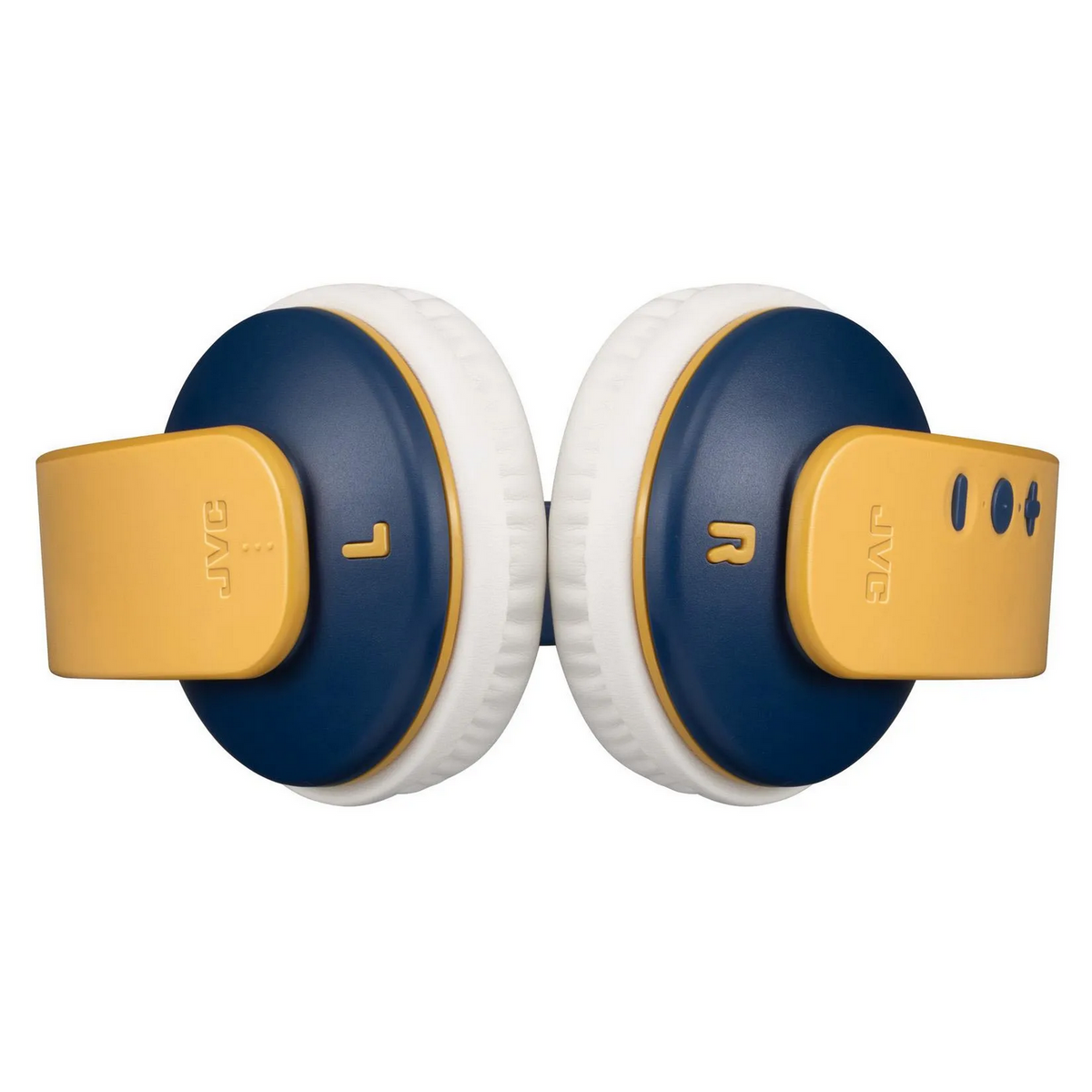 Casque jaune et bleu marine. Logo JVC sur le côté de chaque écouteur.