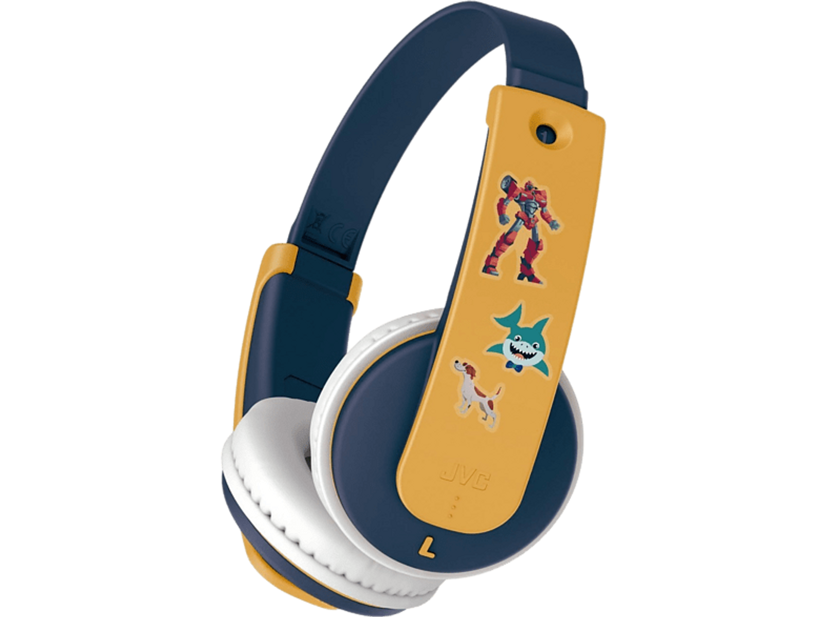 Casque pour enfants JVC, bleu et jaune, avec des autocollants de dessins animés.