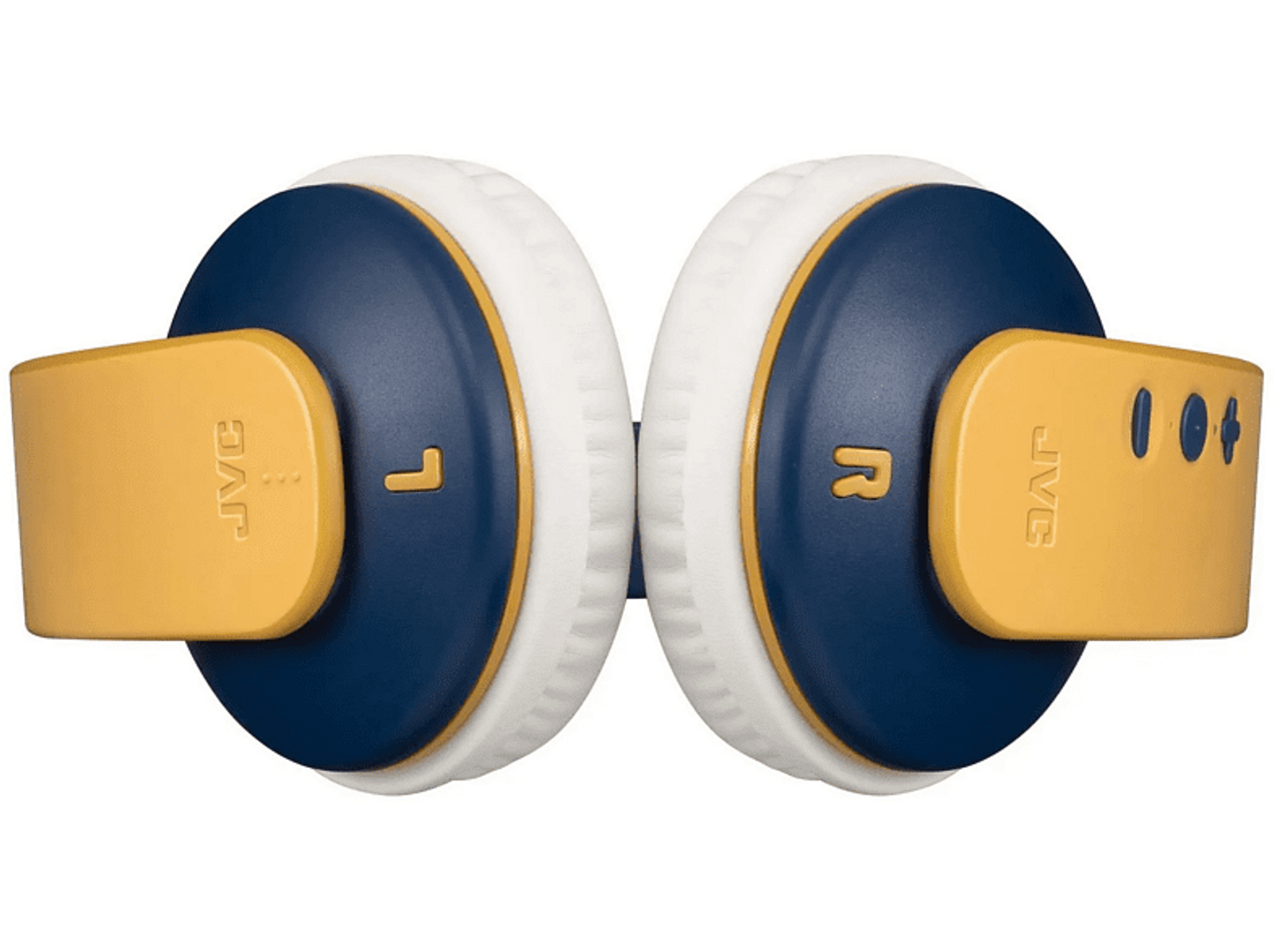 Casque bleu et jaune. Les écouteurs gauche et droit sont visibles. Le fond est blanc.