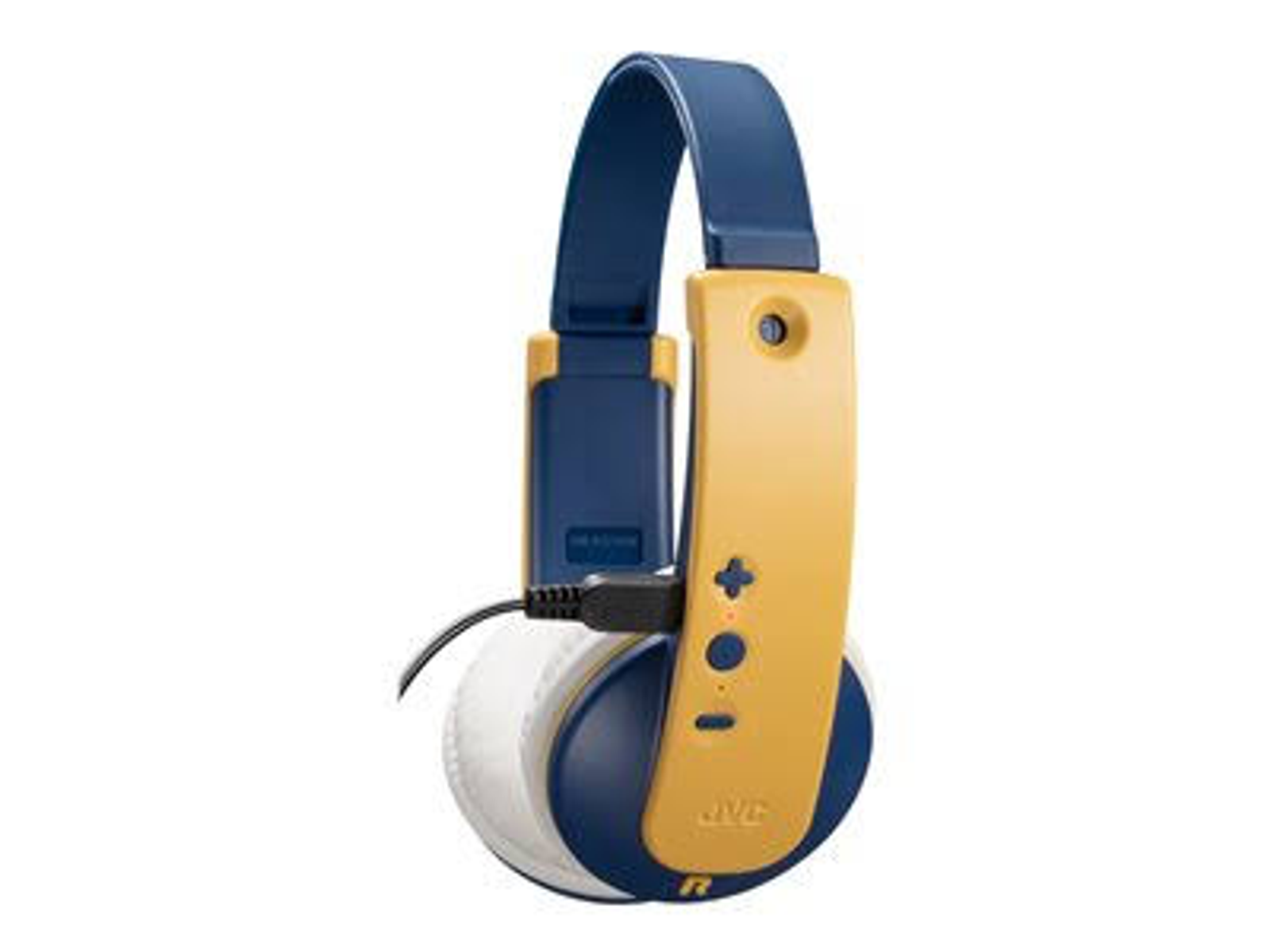 Casque bleu et jaune avec un design de manette. Le fond est blanc.