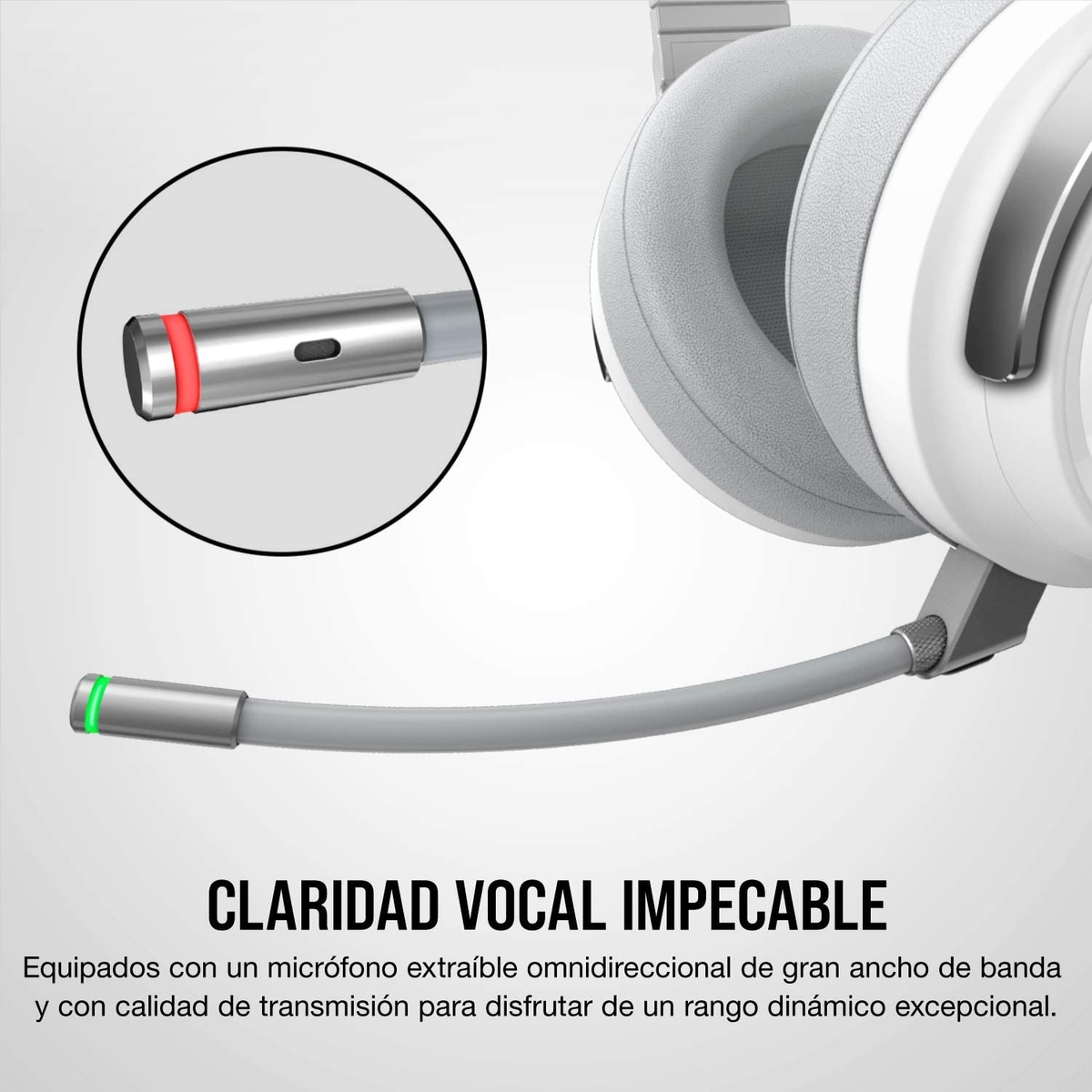 Szary zestaw słuchawkowy z mikrofonem, zbliżenie, białe tło. Tekst: klarowność głosu.