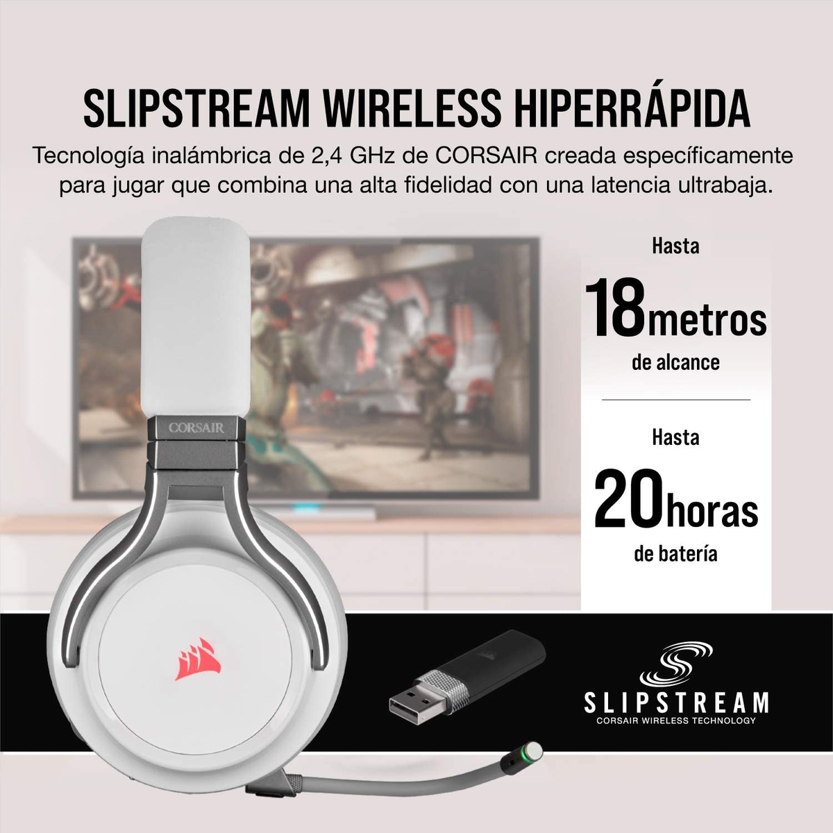 Białe słuchawki z adapterem USB. Tekst wskazuje zasięg 18m i baterię 20h.