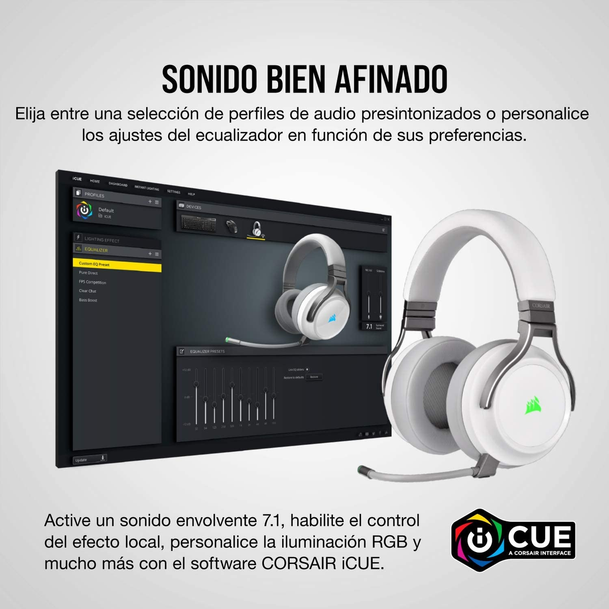 Biało-szary zestaw słuchawkowy dla graczy i ekran komputera pokazujący ustawienia equalizera. Obecny jest tekst w języku hiszpańskim.