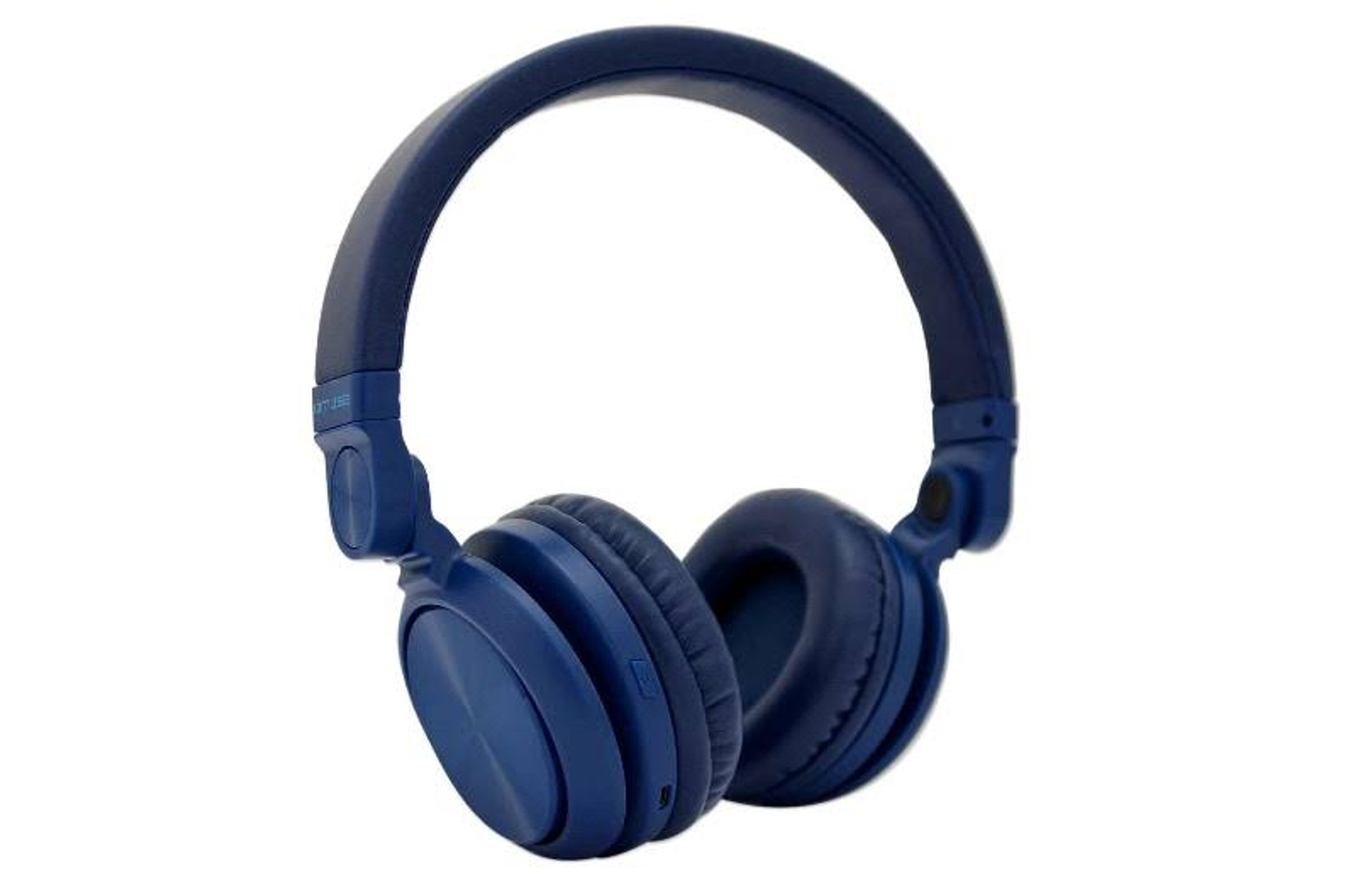 Niebieskie słuchawki na białym tle. Mają zaokrąglony kształt i niebieską kolorystykę.