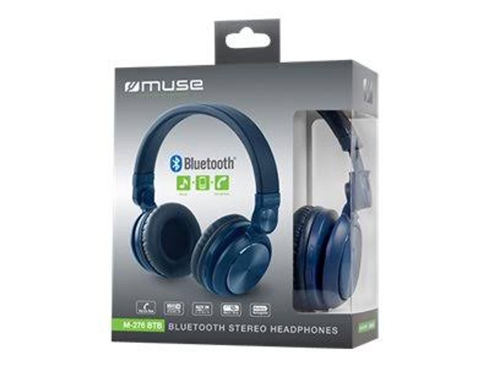 Niebieski zestaw słuchawkowy w pudełku z logo Bluetooth na białym tle.