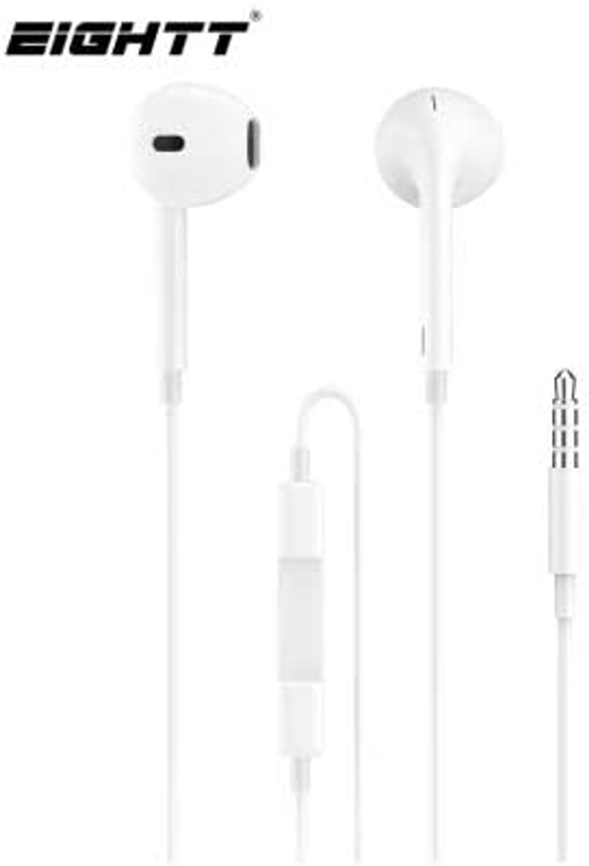 Dos auriculares blancos con un control conectado y un conector de 3,5 mm, todo sobre un fondo blanco.