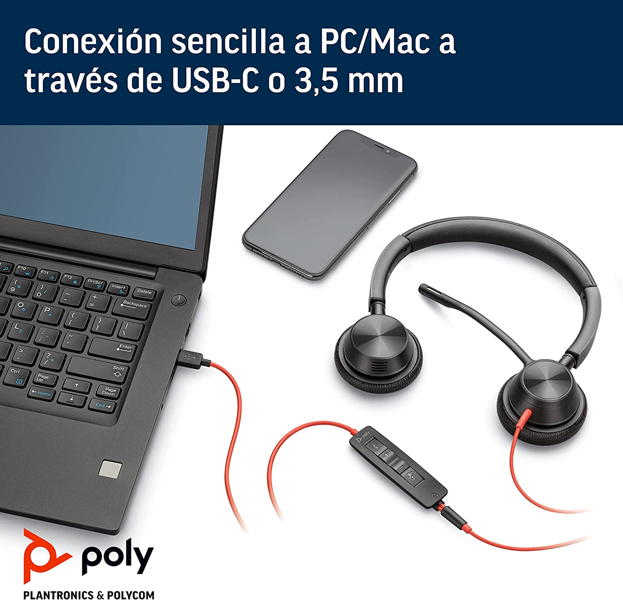 Laptop, słuchawki i kabel. Słuchawki są czarne, kabel czerwony.