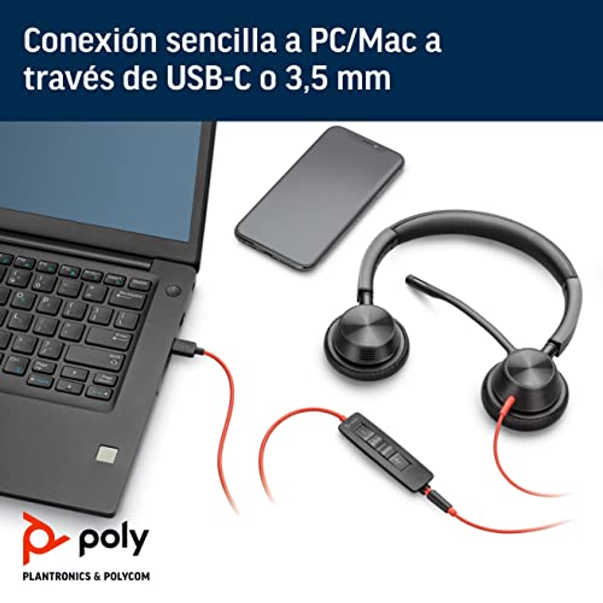 Laptop, telefon i zestaw słuchawkowy połączone kablami.