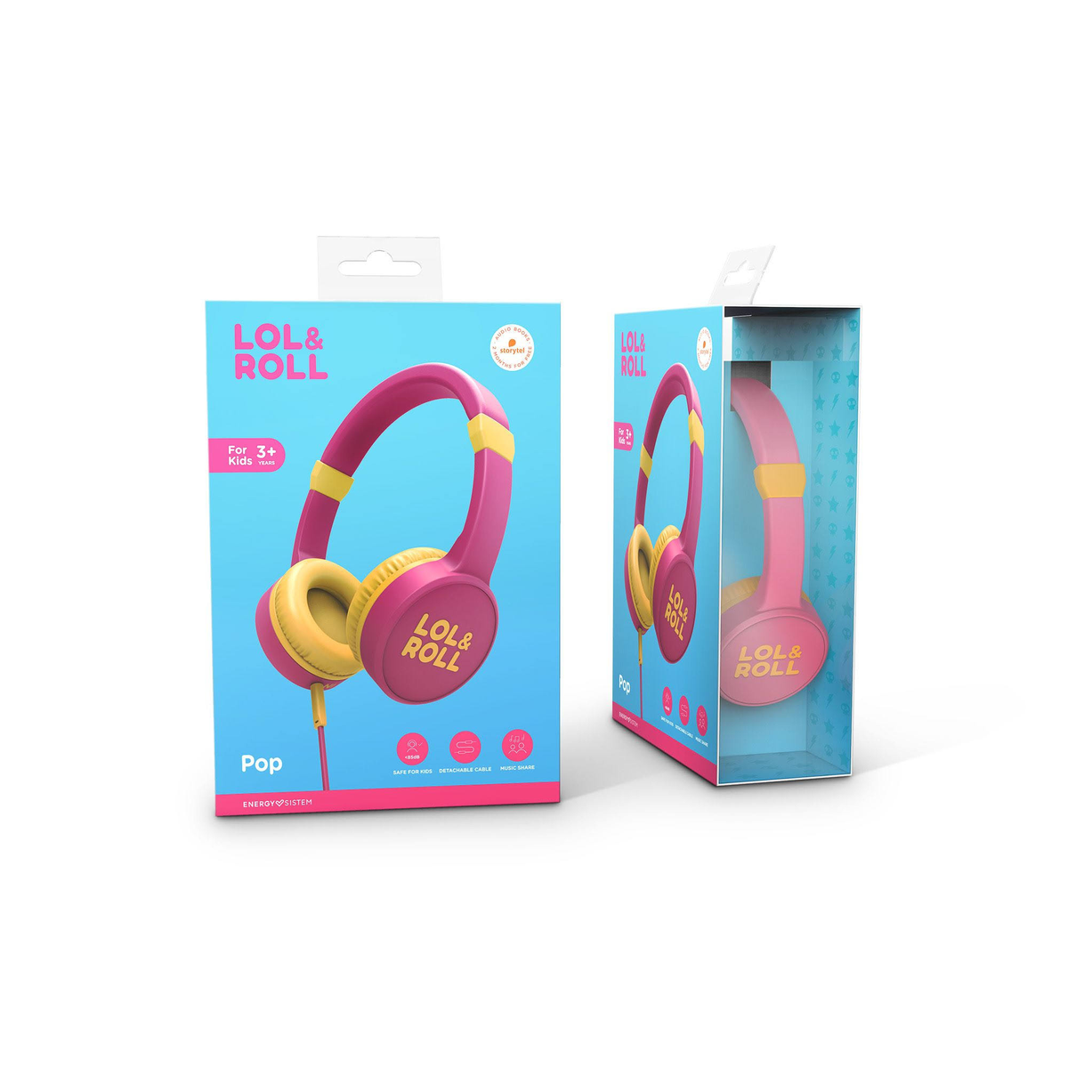 Dos cajas de auriculares LOL&ROLL rosa y amarillo, exhibición del producto.