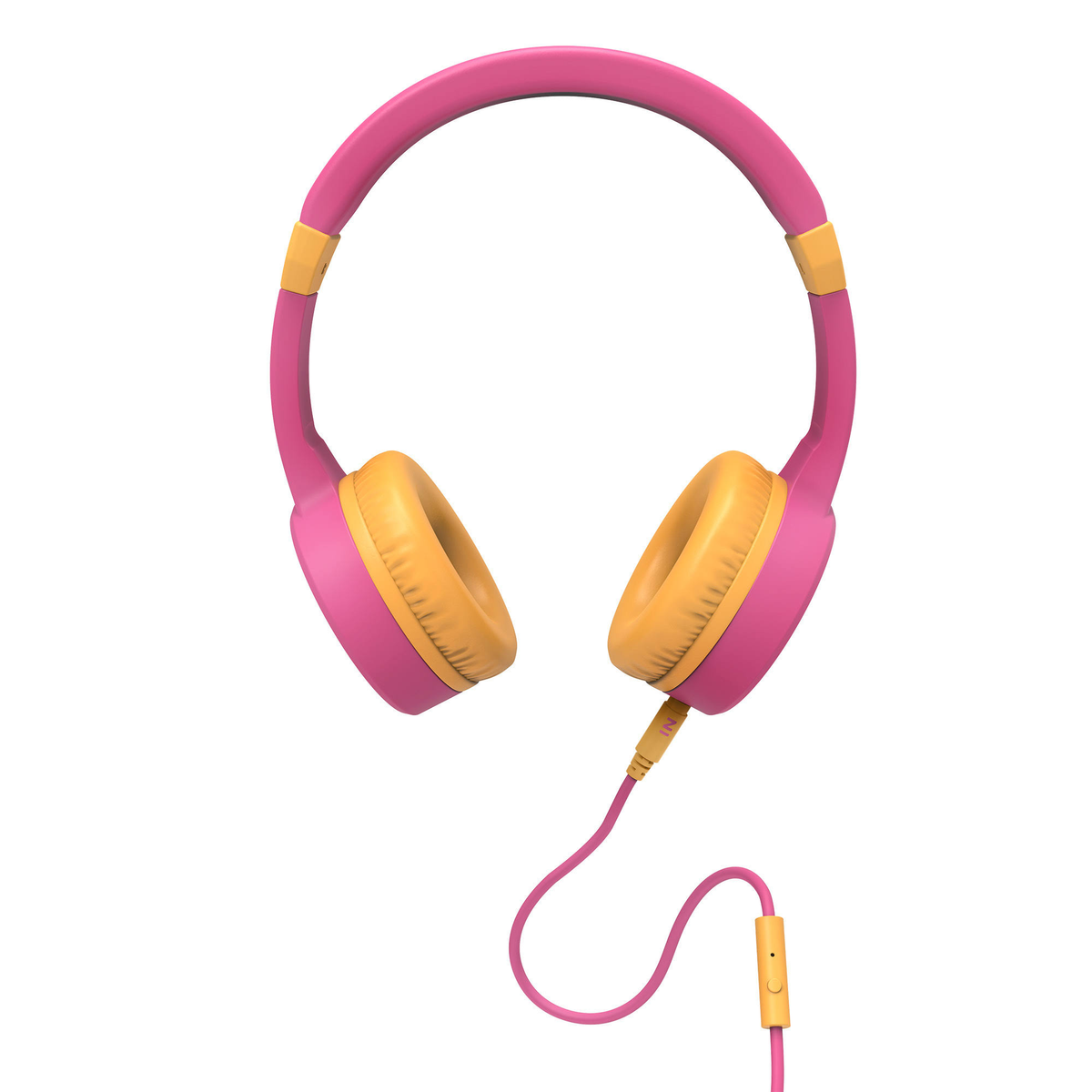 Auriculares rosas y amarillos con cable rosa.
