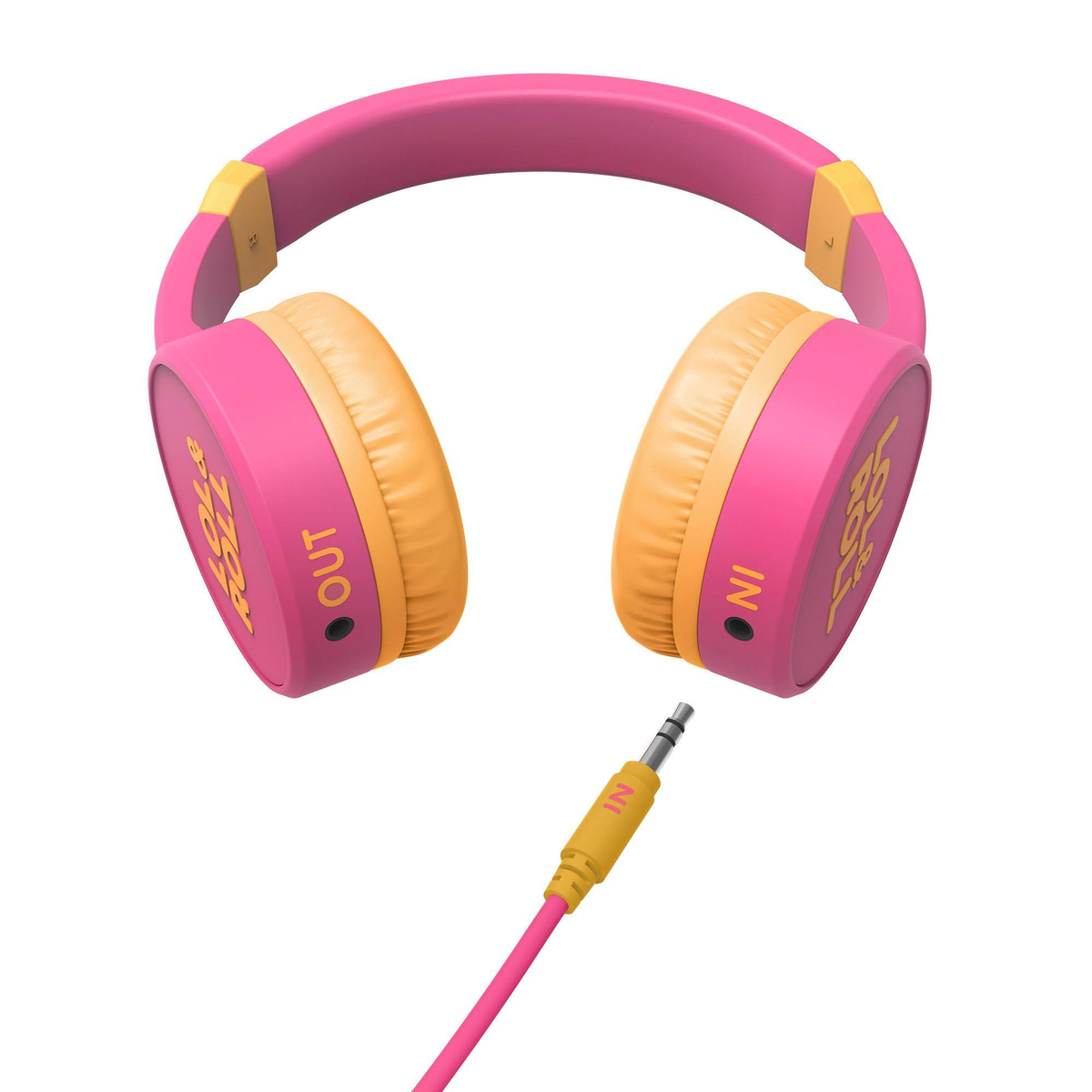 Auriculares rosas y amarillos con la palabra 'LOLLIPOP' en las orejeras, con un cable rosa.