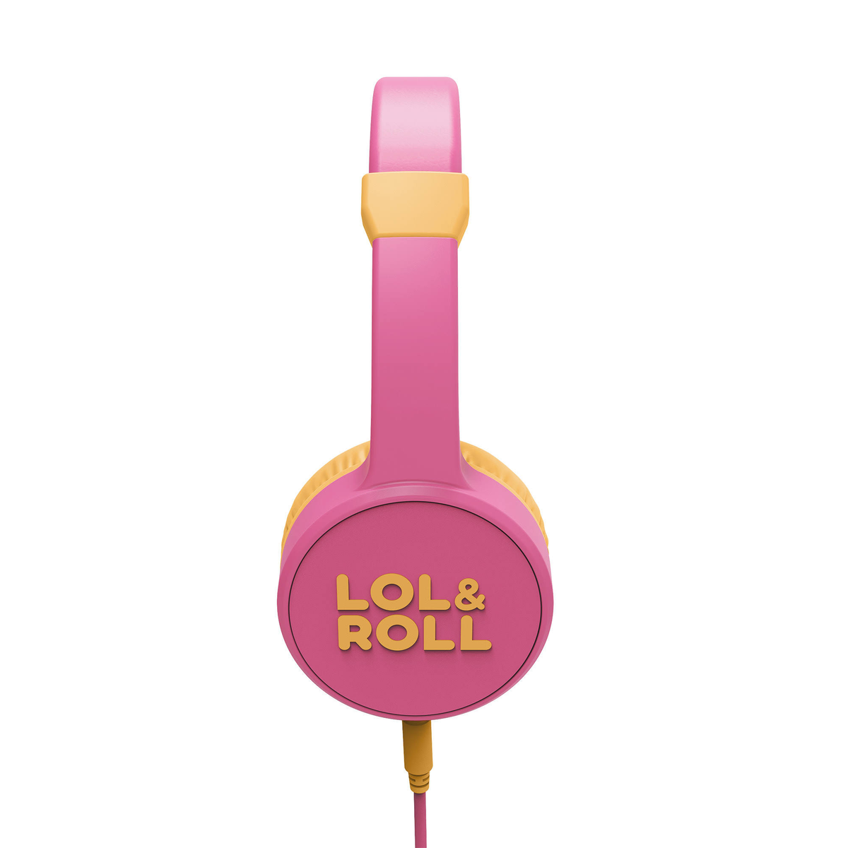 Auriculares rosas y amarillos con las palabras 'LOL & ROLL'. Cable rosa.