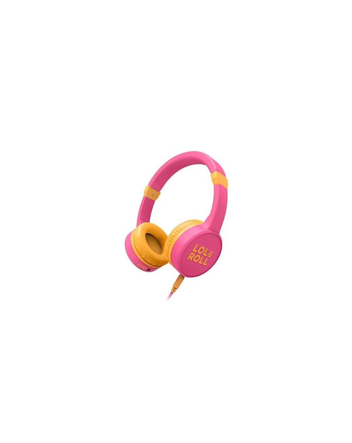 Auriculares infantiles rosas y amarillos con el texto "LOL & ROLL".