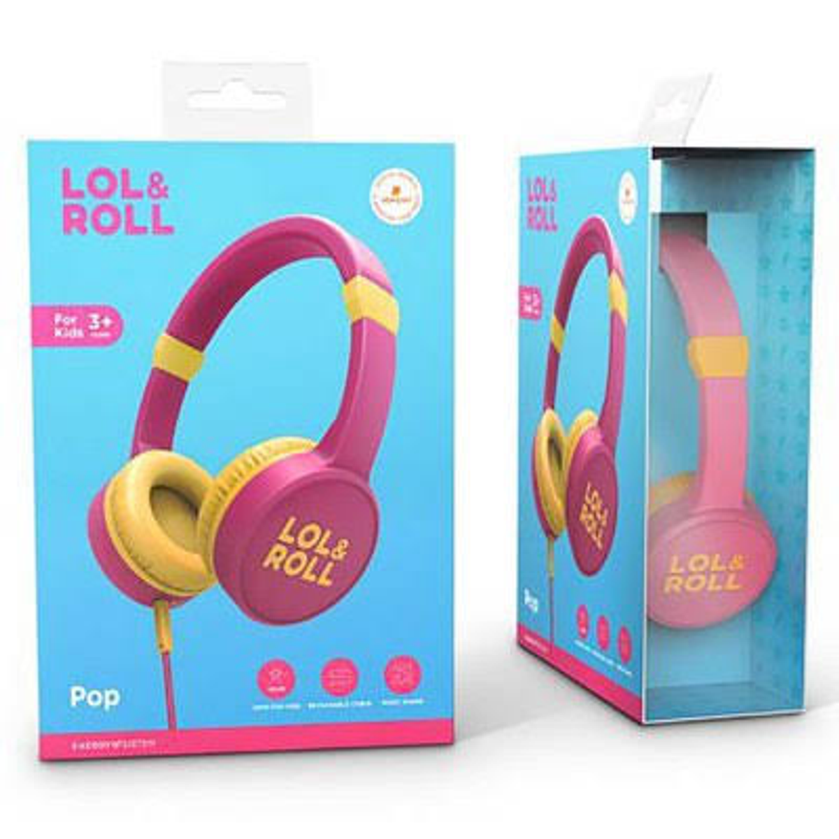 Auriculares rosas y amarillos dentro y fuera de la caja, etiquetados como 'LOL&ROLL'.