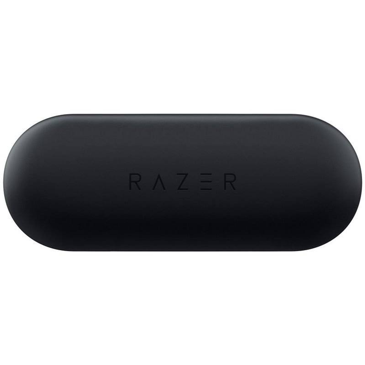 Schwarzes Razer-Ohrhörer-Ladeetui mit Razer-Logo in der Mitte, auf schlichtem schwarzen Hintergrund.
