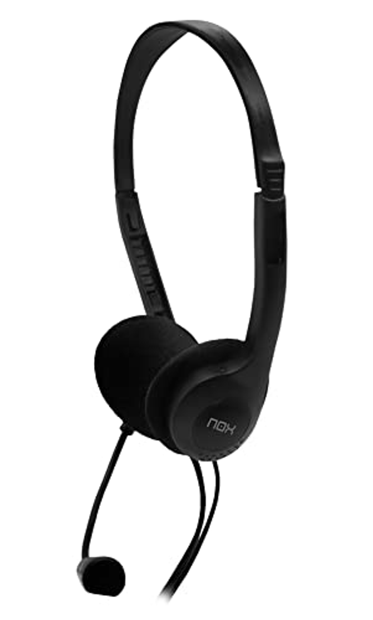 Zwarte headset met een microfoon aan de zijkant en een zwart schuimkussen, op wit.