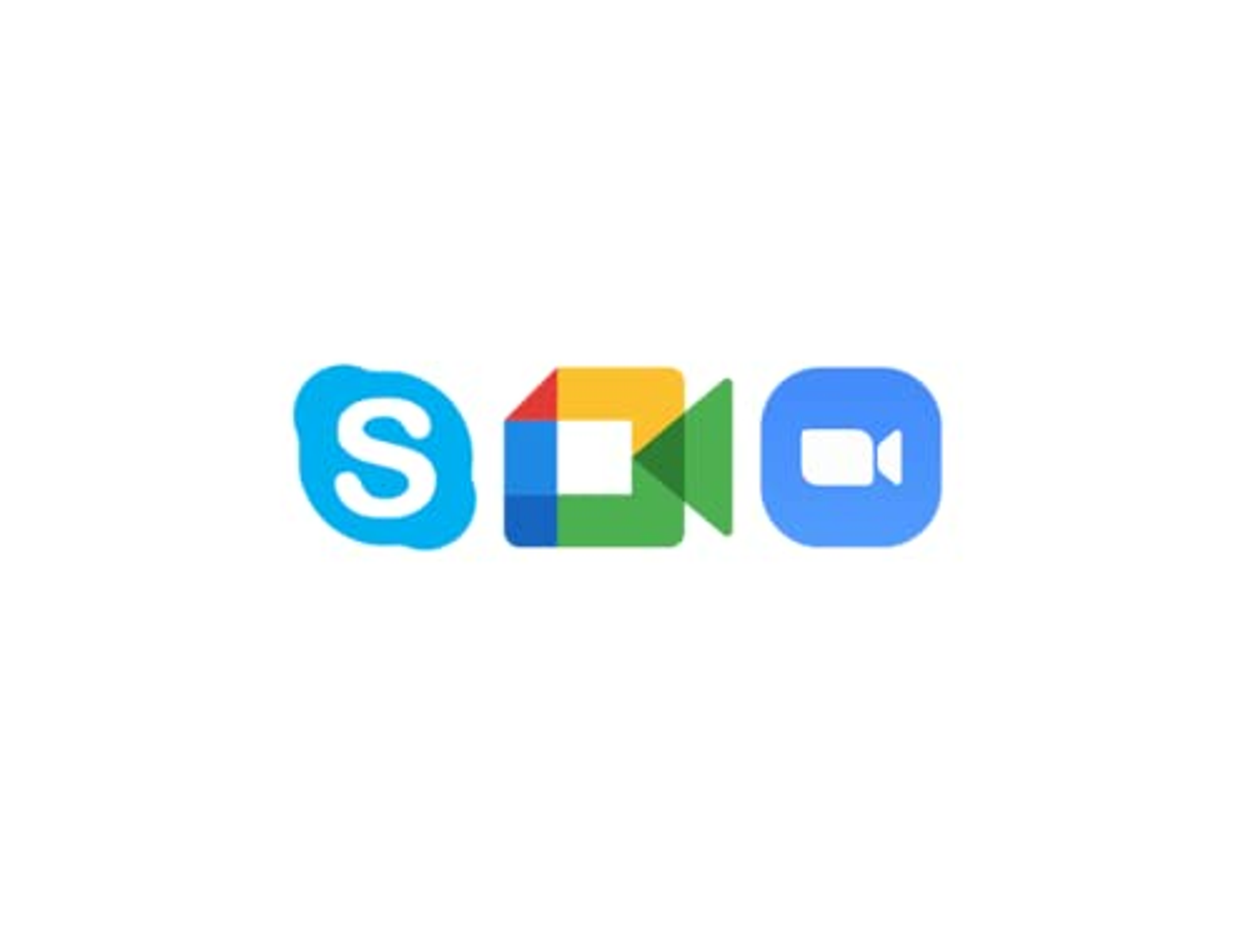 Logo's van Skype, Google Meet en Zoom, horizontaal gerangschikt op een witte achtergrond.