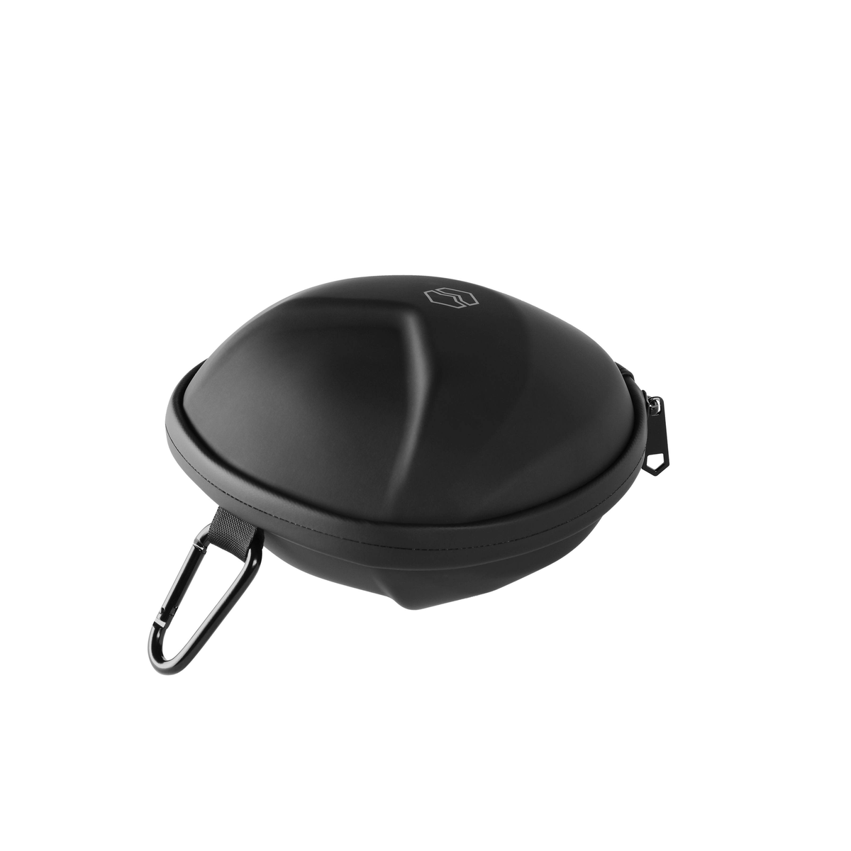 Étui rigide noir et rond pour écouteurs avec mousqueton, sur fond blanc.
