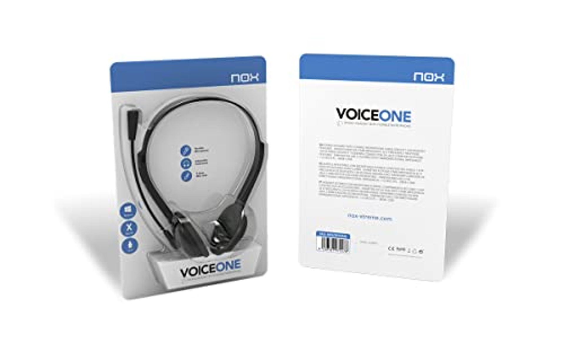 Headset in plastic verpakking, met de naam Voice One.