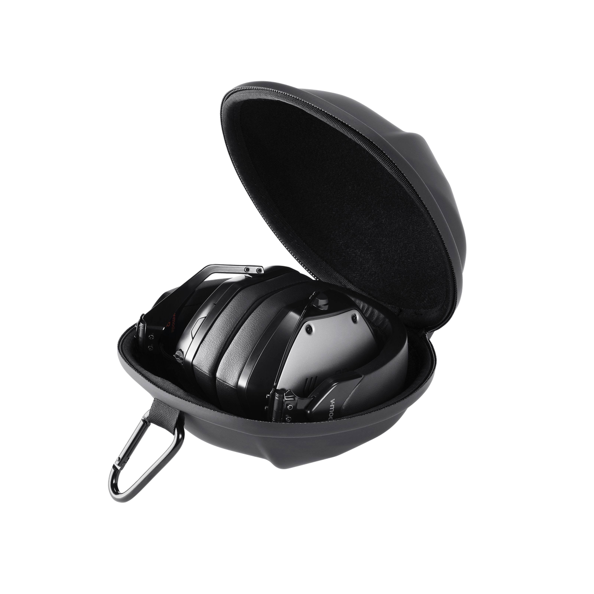 Casque dans un étui noir. L'étui est ouvert, montrant le casque à l'intérieur.