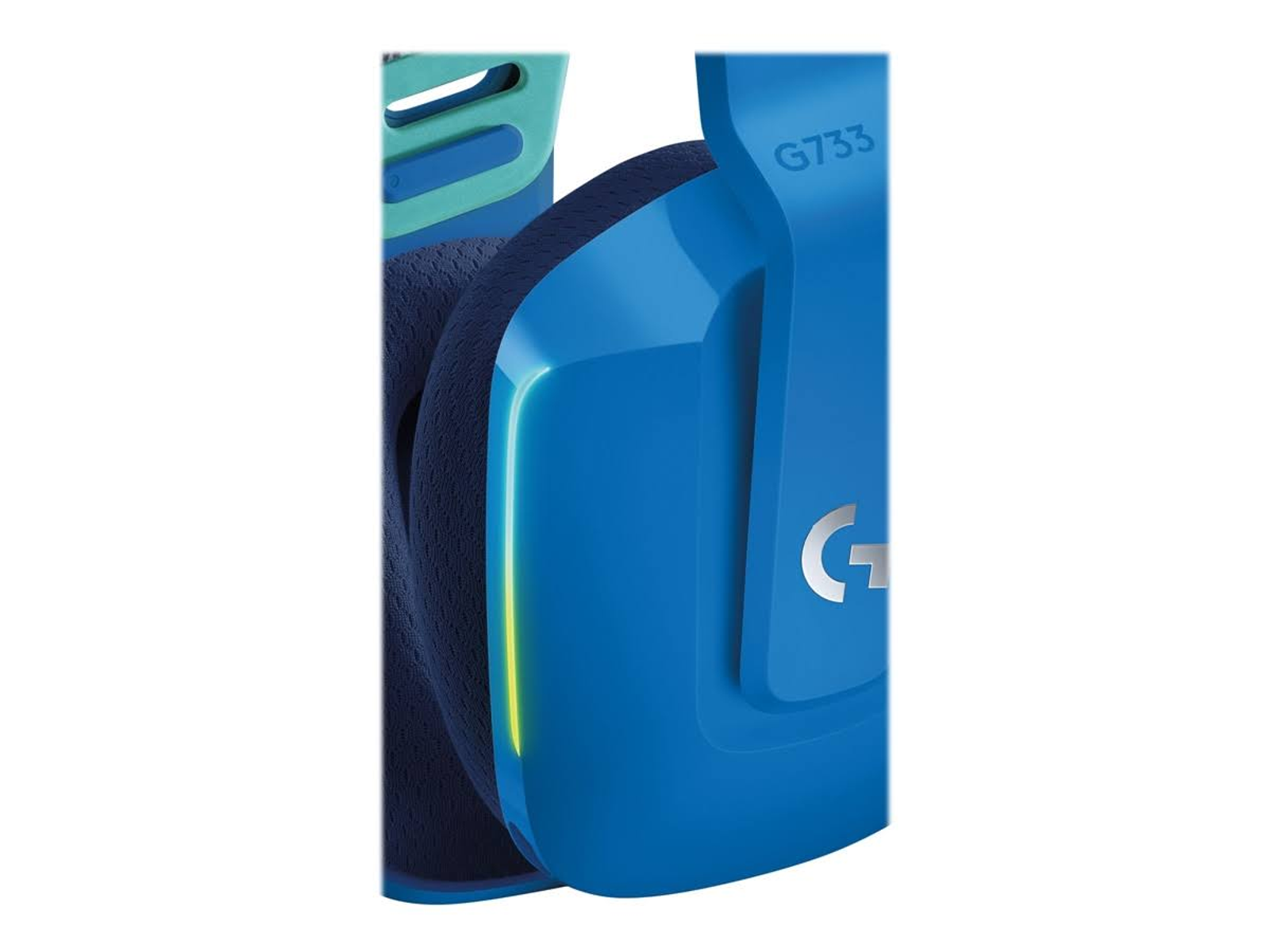 Niebiesko-czarny zestaw słuchawkowy dla graczy. Pokazano model G733. Białe tło.