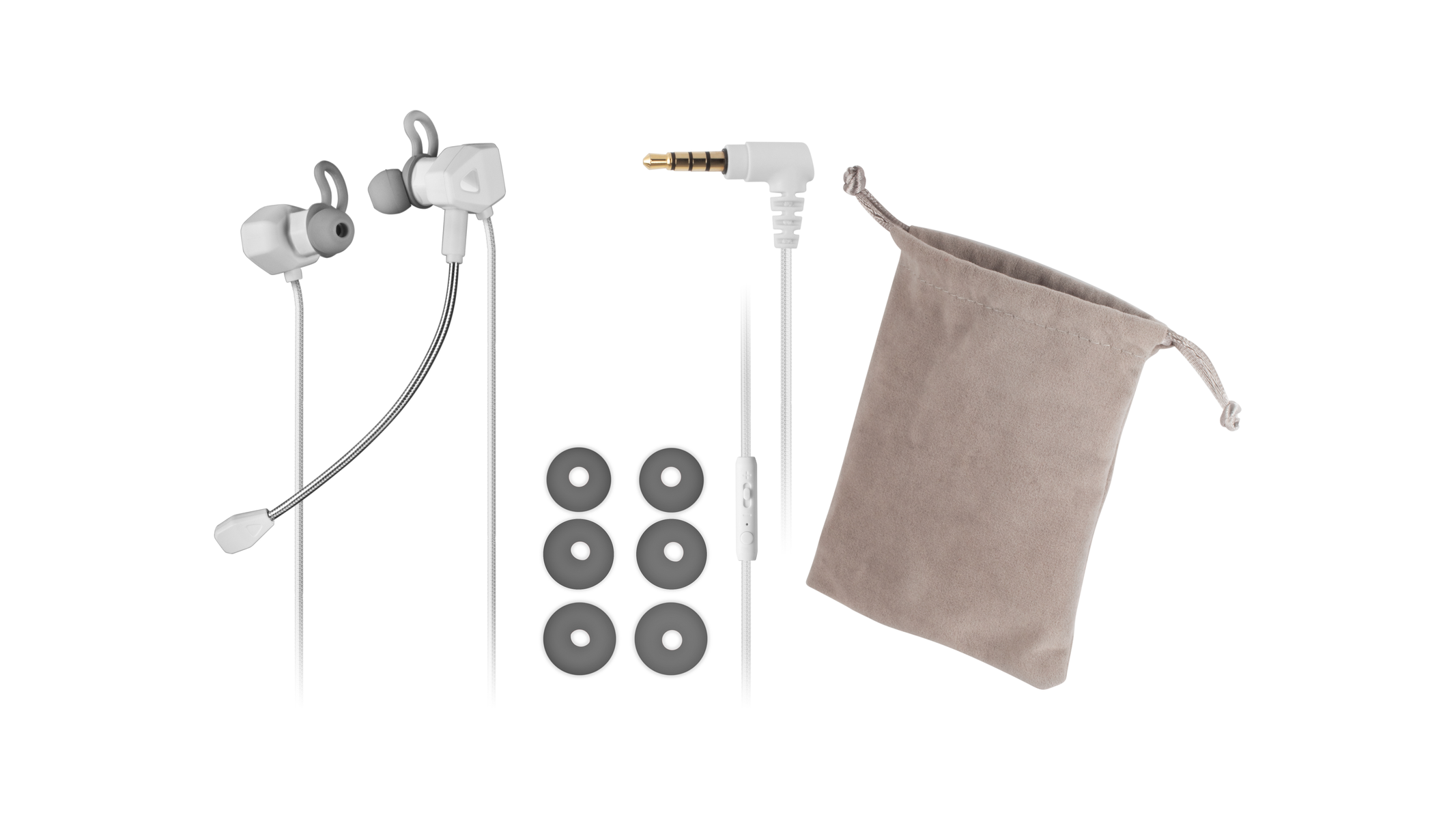 Białe słuchawki z mikrofonem i dodatkowymi wkładkami dousznymi. Znajdują się na białym tle z woreczkiem.