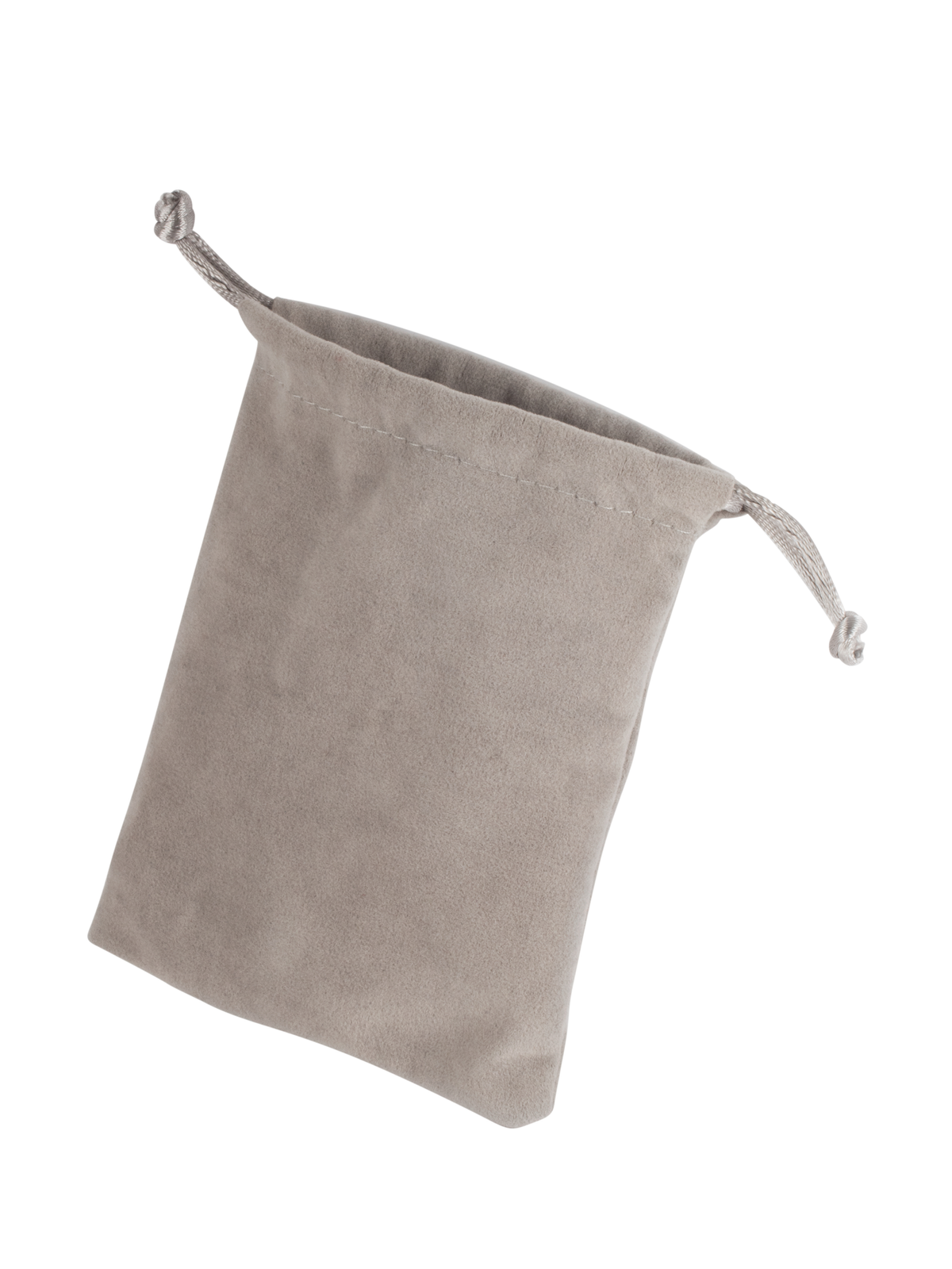 Mały, szary worek ze sznurkiem, otwarty, na białym tle.