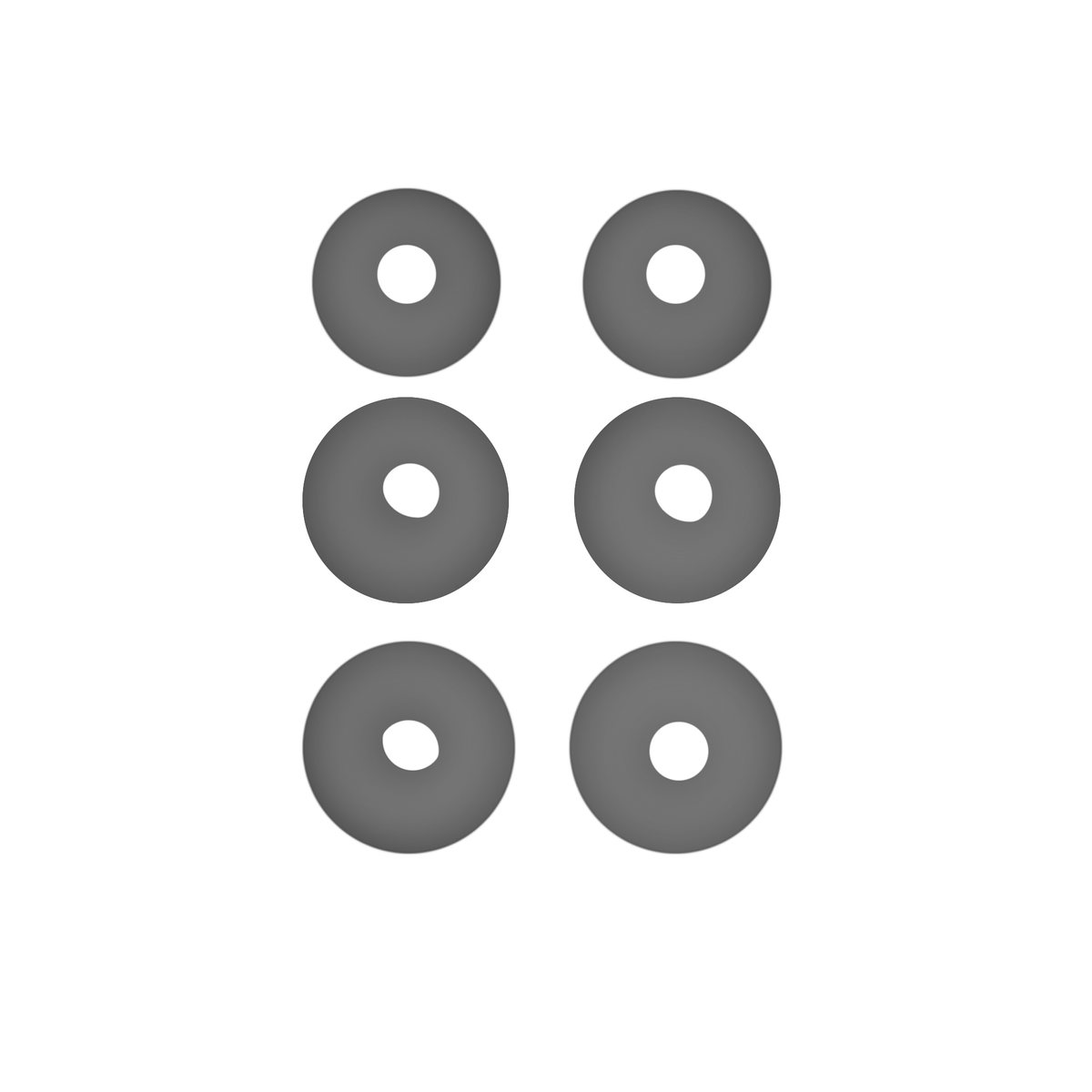 Sześć szarych wkładek dousznych na białym tle.