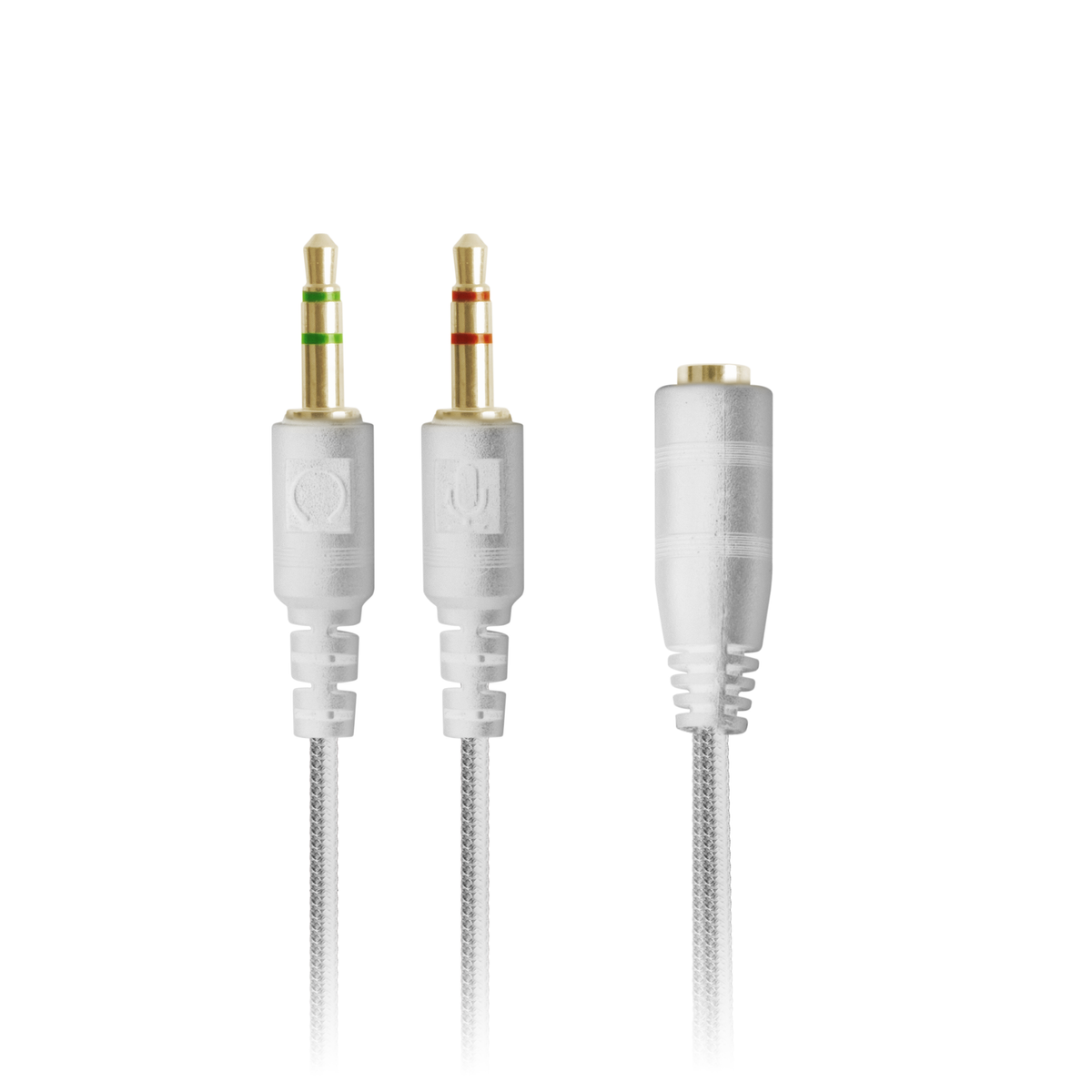 Trzy białe gniazda audio, dwa męskie i jeden adapter żeński, na białym tle.