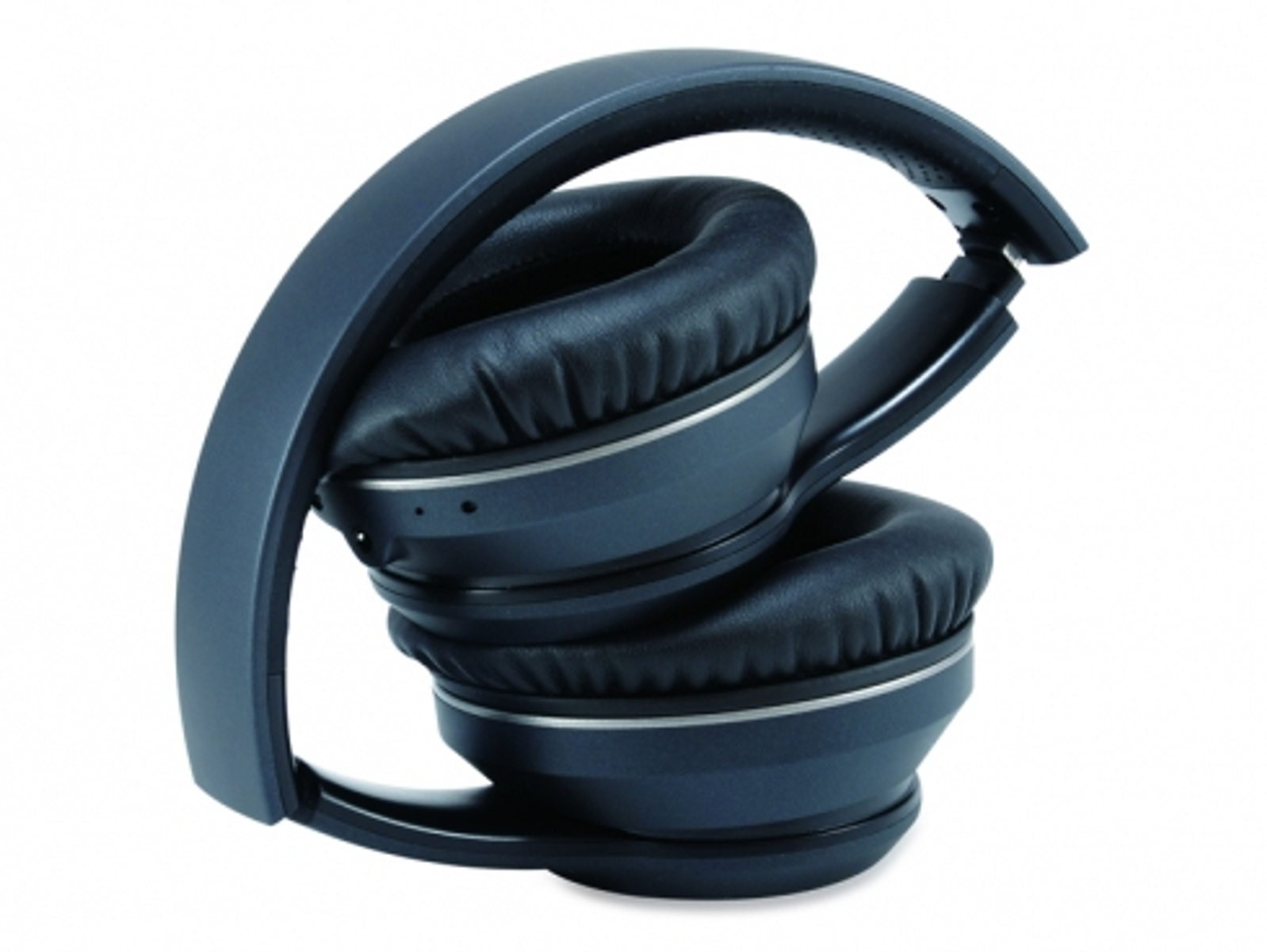 Auriculares azules plegados, fondo blanco, foto del producto clara.
