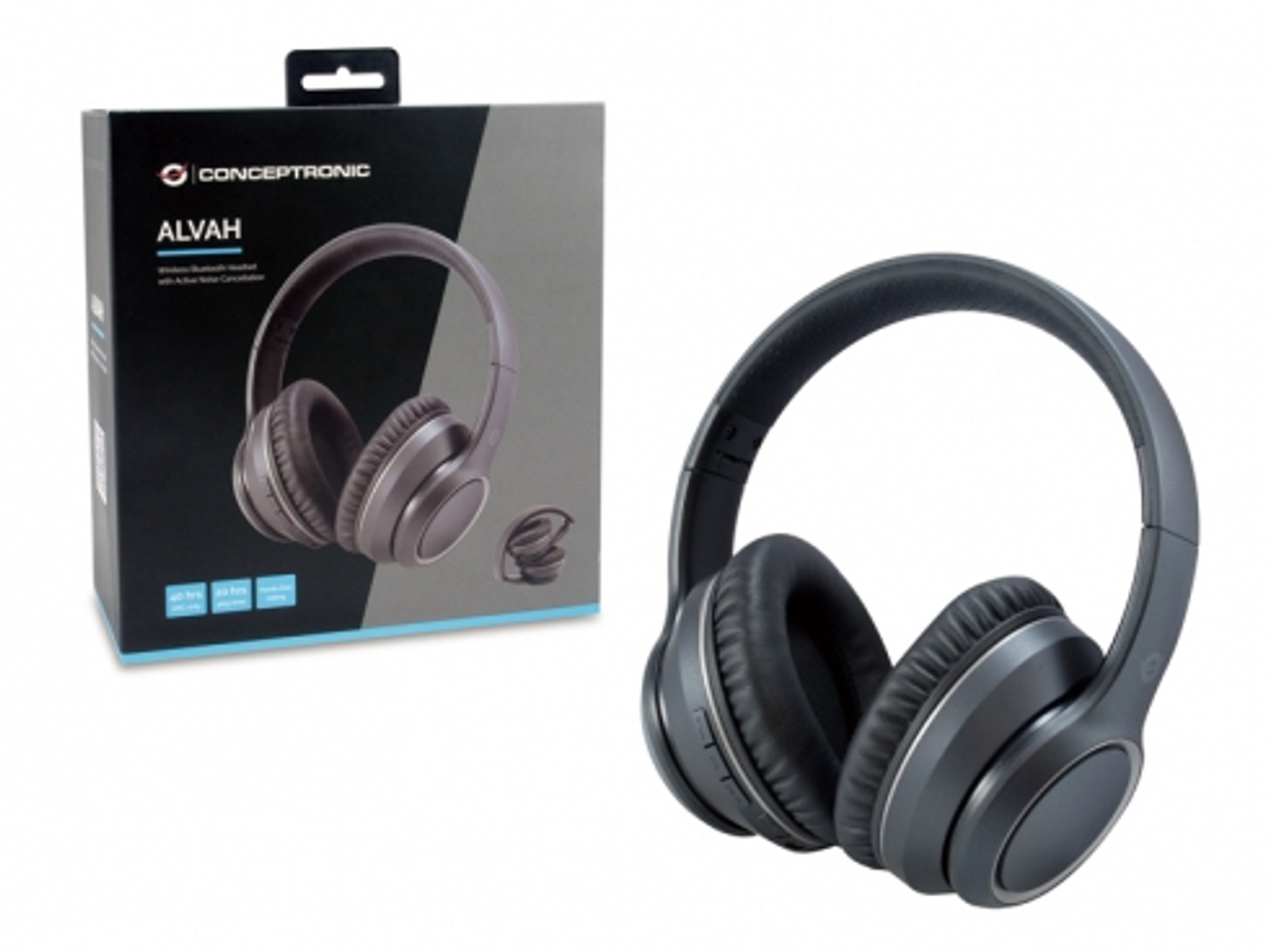 Auriculares y una caja. Los auriculares son de color gris oscuro, la caja muestra la imagen de los auriculares.
