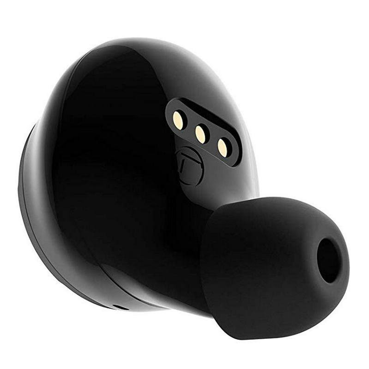 Écouteur sans fil noir, montrant l'embout auriculaire et les contacts de charge.