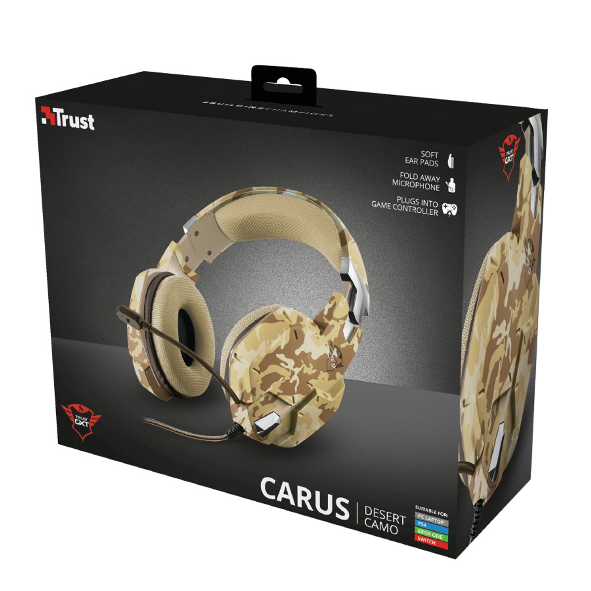 Verpacktes Gaming-Headset mit Camo-Muster, Merkmale wie weiche Ohrpolster und Mikrofon.