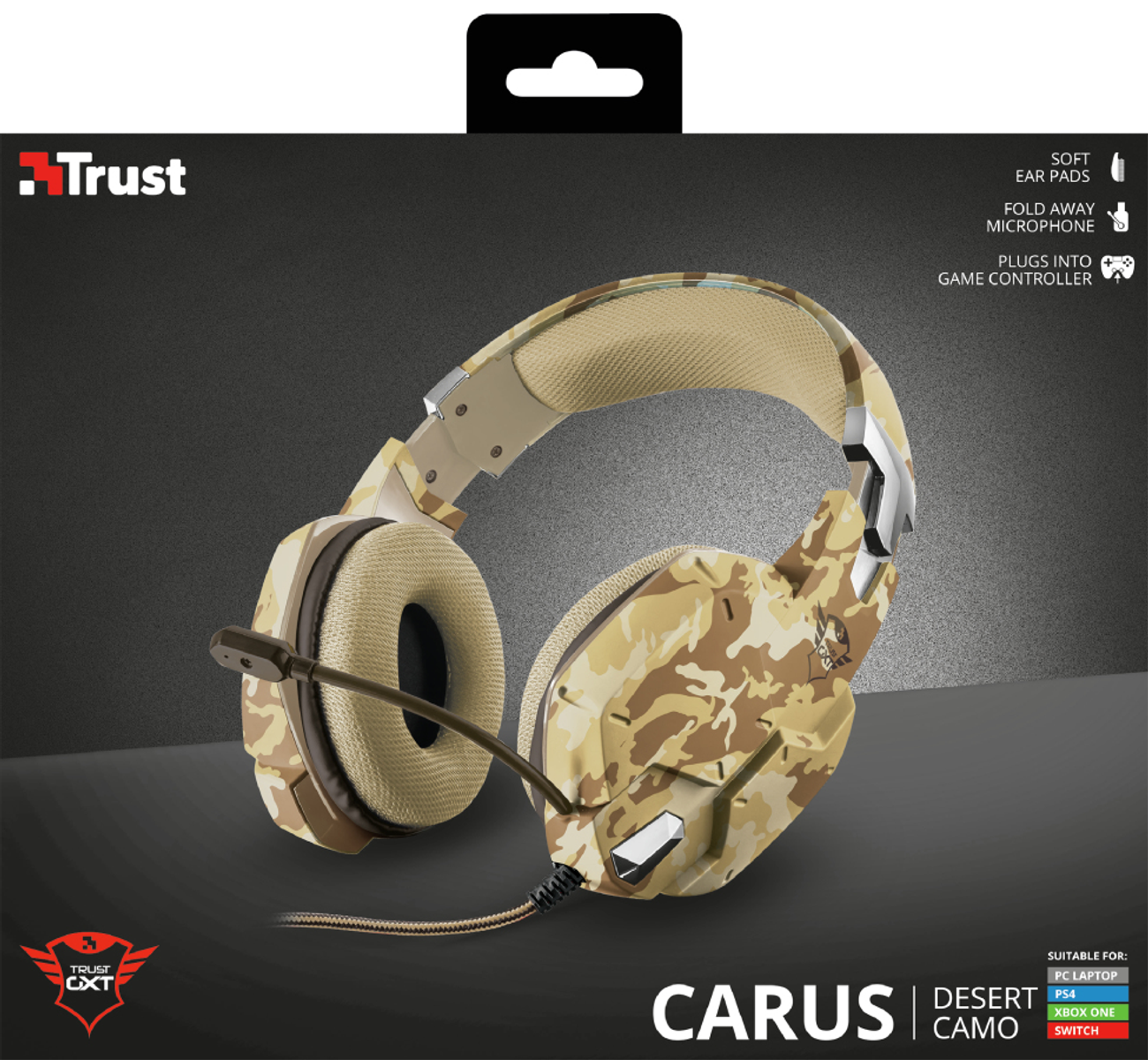 Gaming-Headset, Camo-Muster, mit Mikrofon, vor weißem Hintergrund präsentiert.