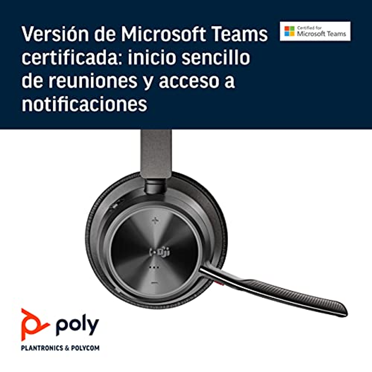 Czarne i srebrne słuchawki z mikrofonem. Widok z góry, z widocznym logo Microsoft Teams.