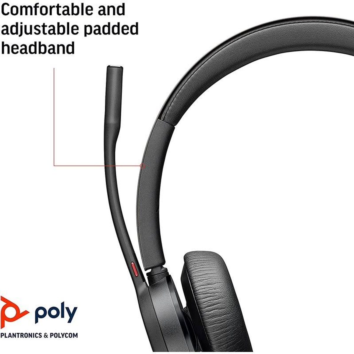 Schwarzes Headset mit gepolstertem Kopfband. Das Logo ist Plantronics & Polycom.
