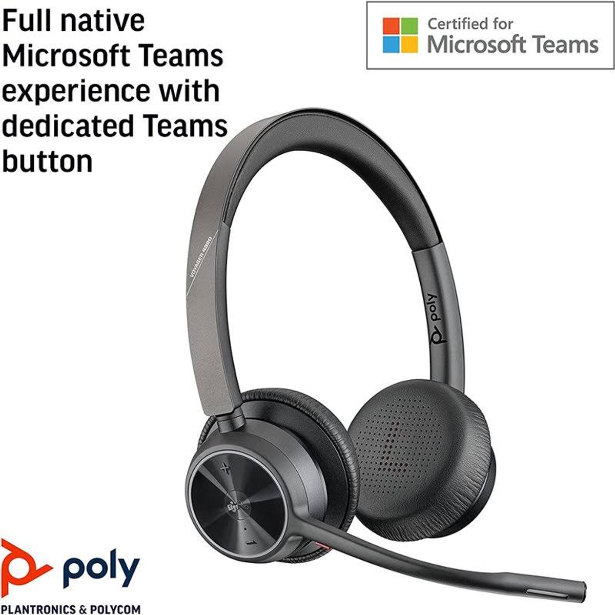 Schwarzes Headset mit Mikrofon. Text: Vollwertige Microsoft Teams-Erfahrung mit dedizierter Teams-Taste.